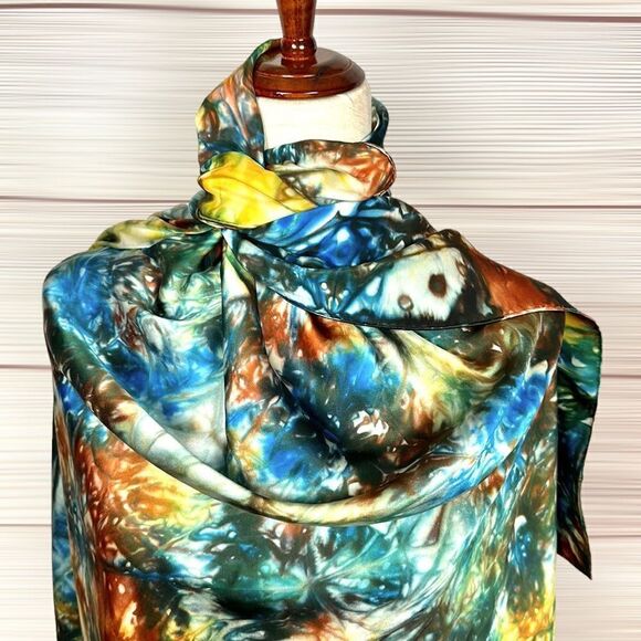 Large Silk Satin Square Scarf Abstract Print Hand Rolled - Picture 8 of 11